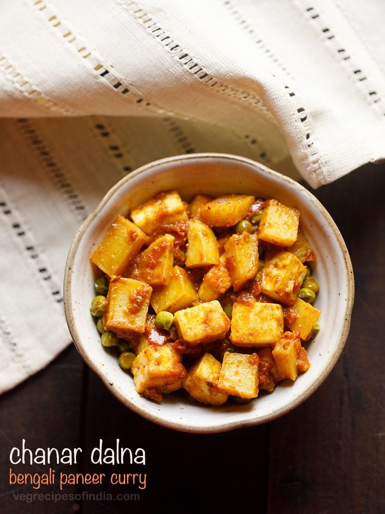 chanar dalna served in a white ceramic bowl with text layovers.