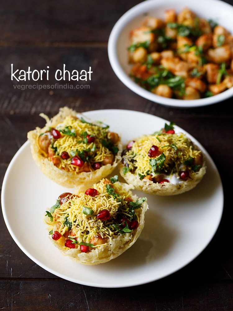katori chaat served on a whute plate with text layover.