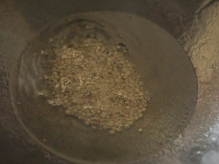 mustard seeds crackling in hot coconut oil in pan. 