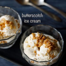 butterscotch ice cream garnished with crushed praline and served in bowls.