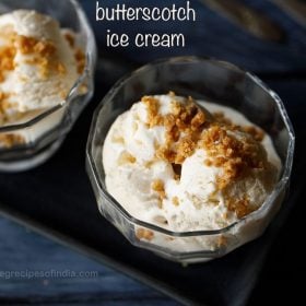 butterscotch ice cream garnished with crushed praline and served in bowls.