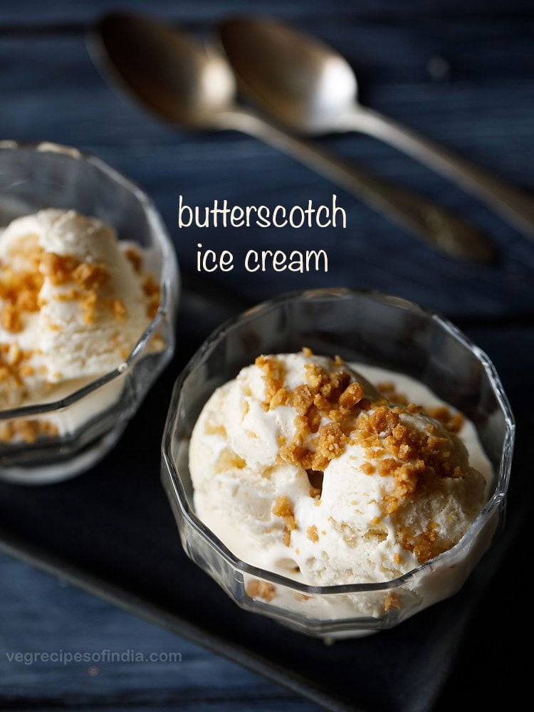 butterscotch ice cream garnished with crushed praline and served in bowls.