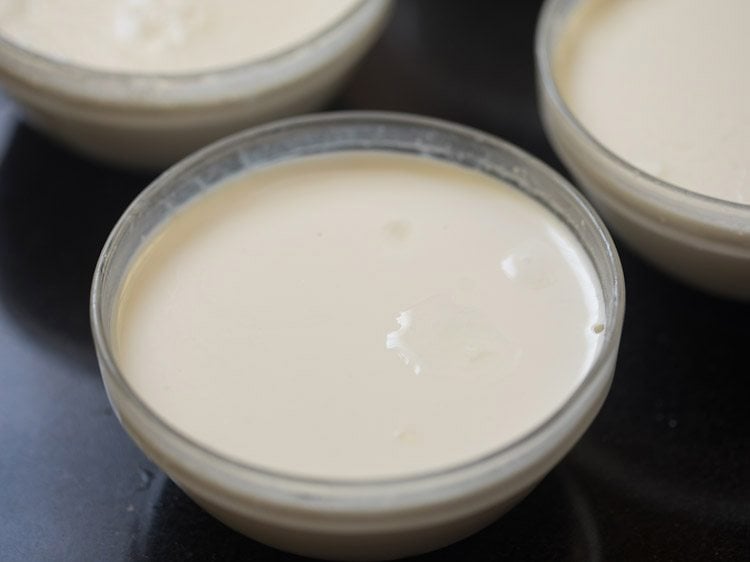 three bowls of panna cotta after setting up in the fridge