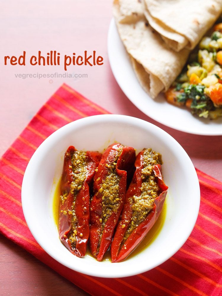 red chili pickle served in a bowl