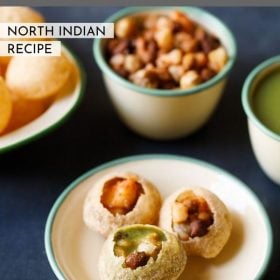 golgappa assembled and served on a green rimmed plate with the elements kept in the background and text layovers.