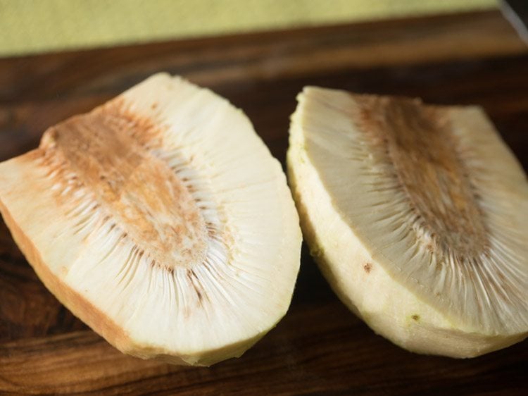 vertically halved breadfruit. 