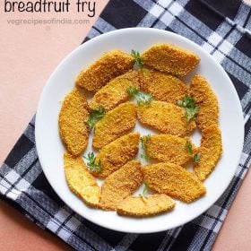 breadfruit fry garnished with coriander leaves and served on a white plate with text layover.