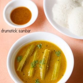 drumstick sambar served in a white bowl