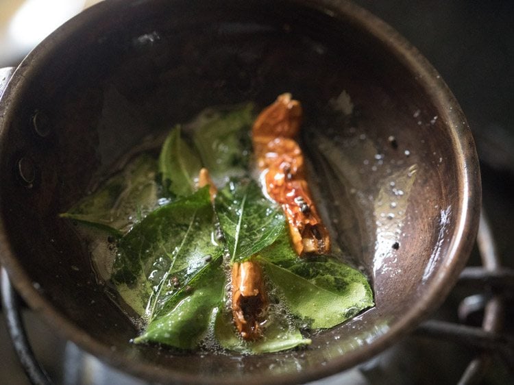  red chilies, fenugreek seeds, crisp curry leaves and hing