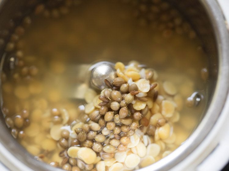 soaked ingredients along with soaking water added to grinder jar for making paste for mor kuzhambu. 