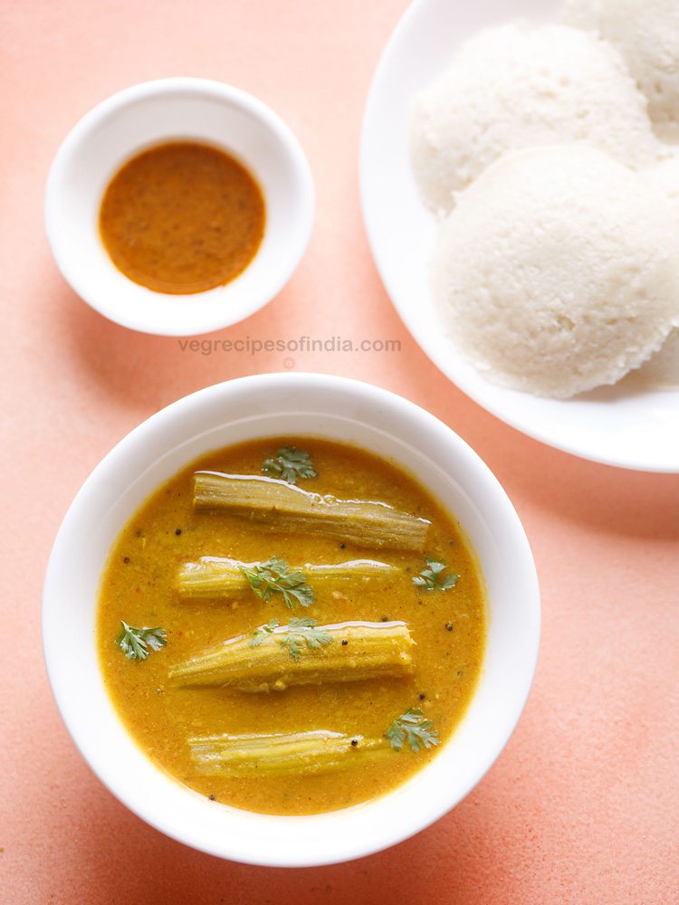 murungakkai sambar served in a white bowl