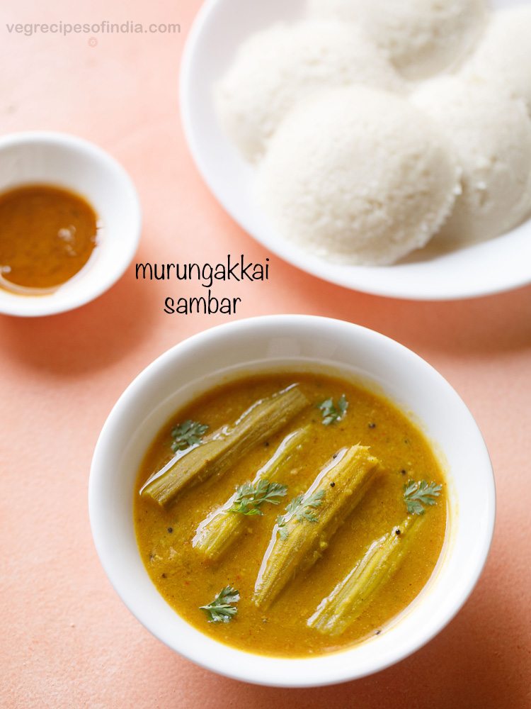 murungakkai sambar served in a white bowl