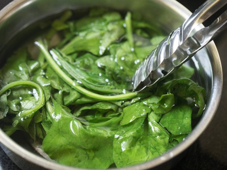 blanched spinach leaves added to cold water