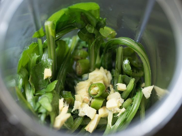 spinach leaves ginger and green chili in a blender