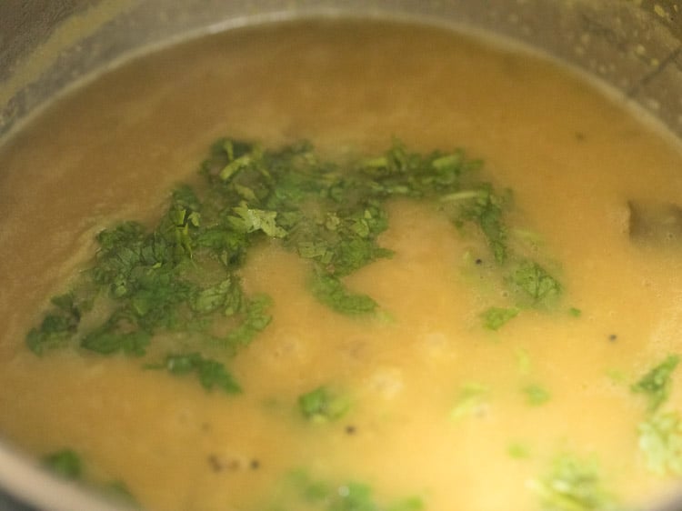 chopped coriander leaves added to mamidikaya pappu. 