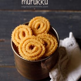 murukku served in a metal jar with text layovers.