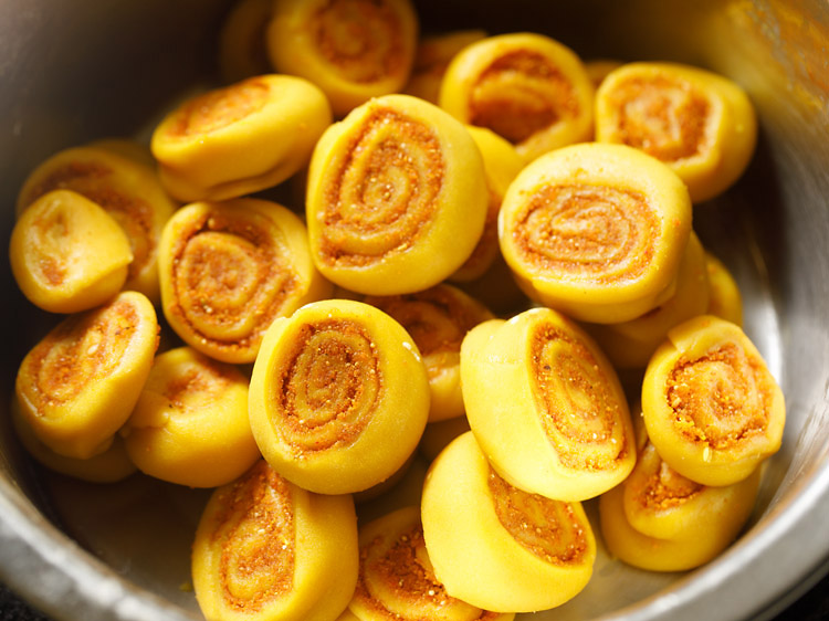 bakarwadi pinwheels kept in a bowl. 