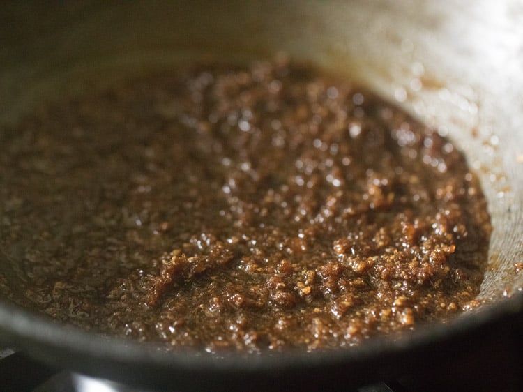 jaggery melting in the pan. 