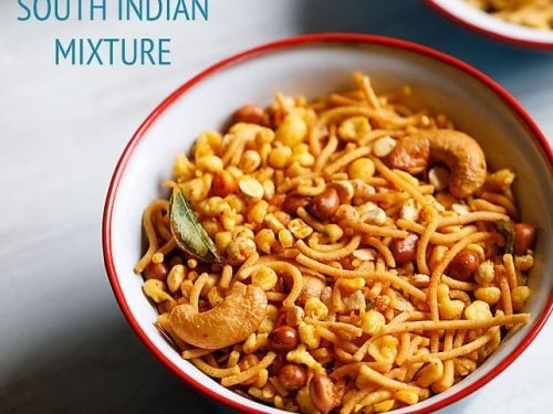 madras mixture served in a red-rimmed white ceramic bowl with text layovers.