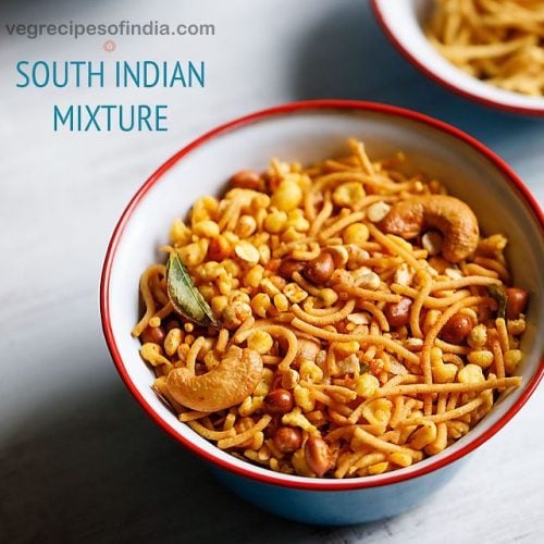 madras mixture served in a red-rimmed white ceramic bowl with text layovers.