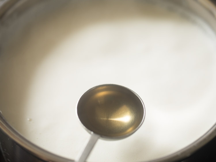 adding vinegar to the boiled milk for making chenna for chum chum. 