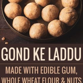 collage of gond ke laddu served in a plate and acacia gum in a bowl with text layovers.