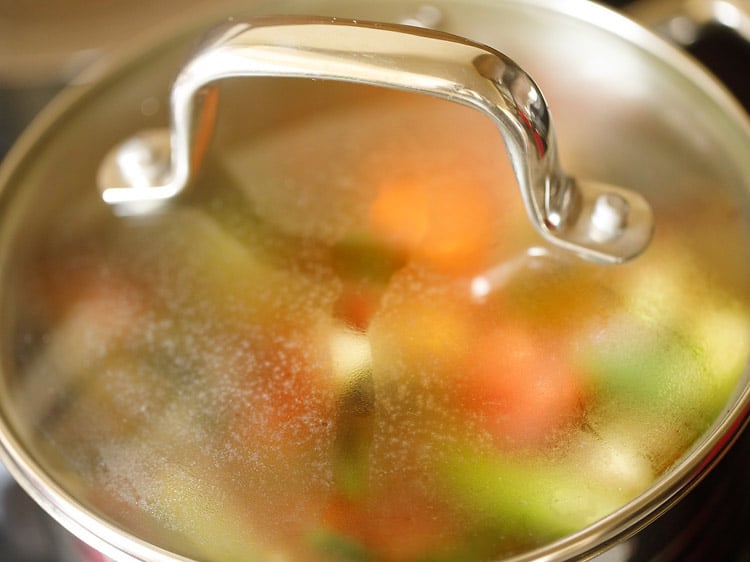 cooking veggies in the pan closed with the lid