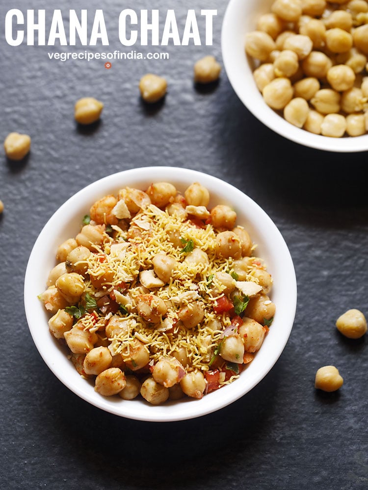 chana chaat served in a white bowl