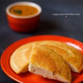 dibba rotti served on a red colored plate with a red colored bowl of coconut chutney kept in the background and text layover.