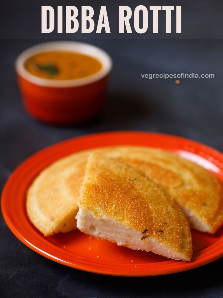 dibba rotti served on a red colored plate with a red colored bowl of coconut chutney kept in the background and text layover.