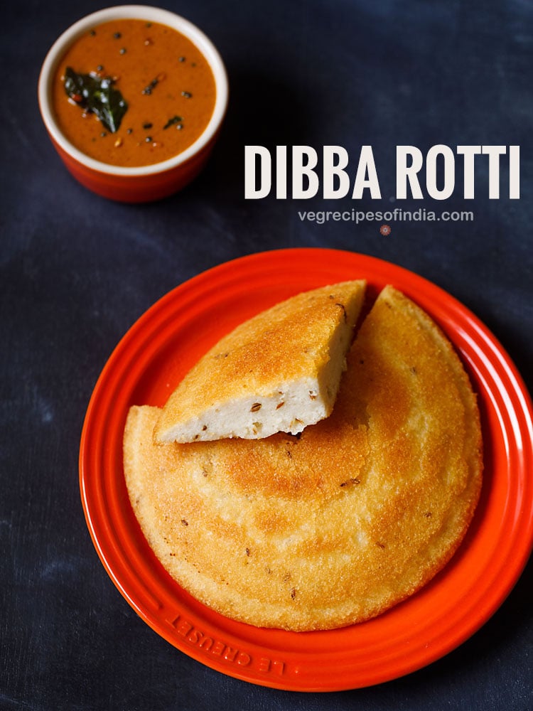 dibba rotti served on a red colored plate with a red bowl of chutney kept in the background and text layover. 
