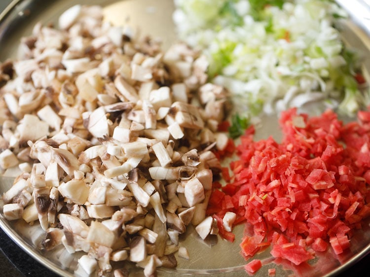 chopped mushrooms, carrots and spring onions in a steel plate