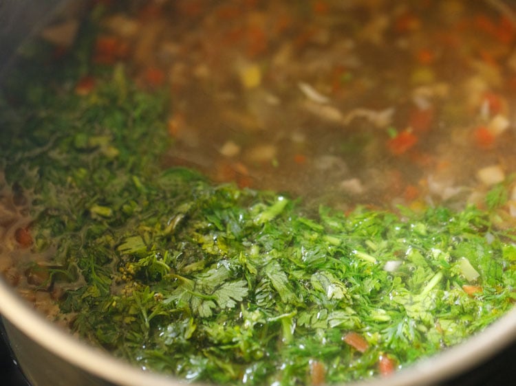 adding chopped coriander leaves to the soup.