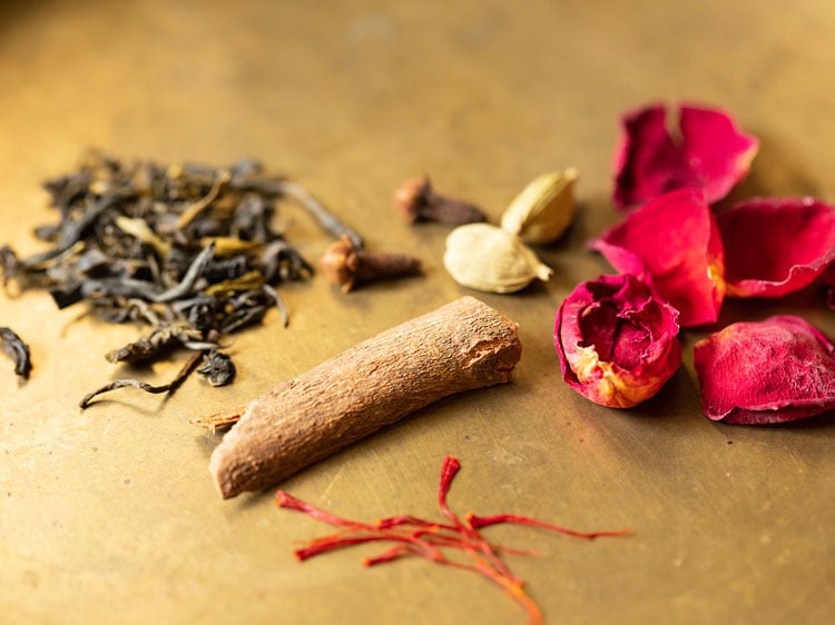 spices, saffron, and rose petals for kahwa.