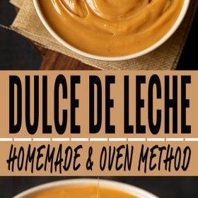 collage of two photos of dulce de leche in white bowl with text layovers.