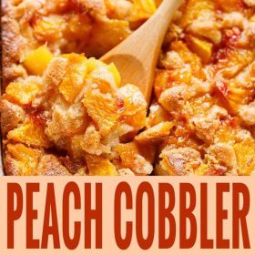 peach cobbler with text layover.
