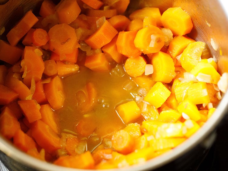 carrot soup mixture with some liquids in it