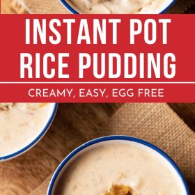 instant pot rice pudding in a blue rimmed bowl on a burlap with text layovers.