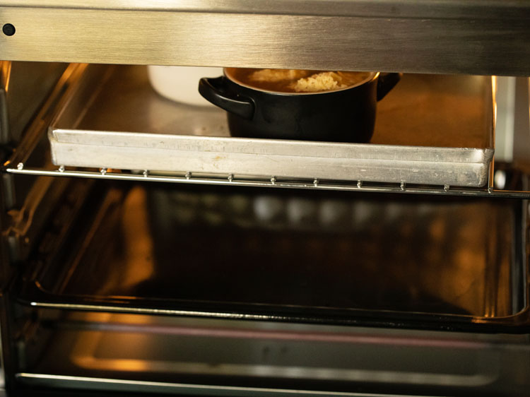 soup bowls placed in the oven to broil.