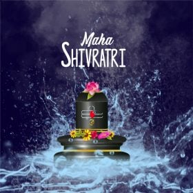 vector image of black shivlinga with dark pink lotus on top and water splashing all around with a text of mahashivratri listed above the shivlinga