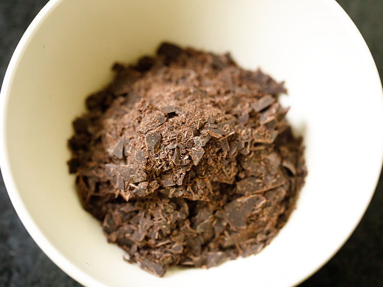 chopped couverture chocolate in a mixing bowl