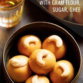 besan ladoo topped with cashew halves neatly placed in a round metal container with text layovers