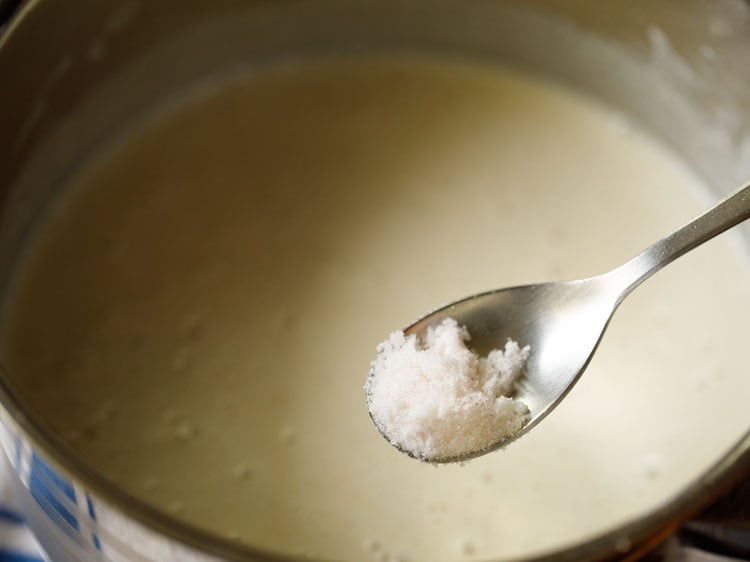 teaspoon with salt above saucepan for yogurt curry mix