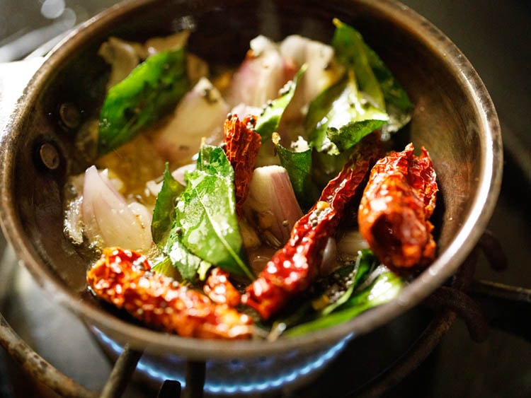 sautéing tempering ingredients for for pulissery