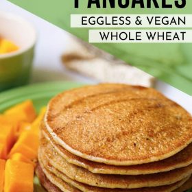 stack of pumpkin pancakes with mango cubes on a green plate with text layovers.
