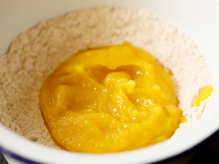 pumpkin puree added to the mixed dry ingredients
