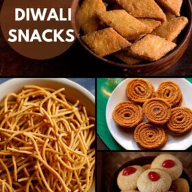 collage of 4 diwali snack dishes with text layover.