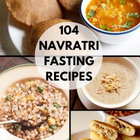 Collage of four navratri recipes with a bold heading of 104 navratri fasting recipes in a center circle