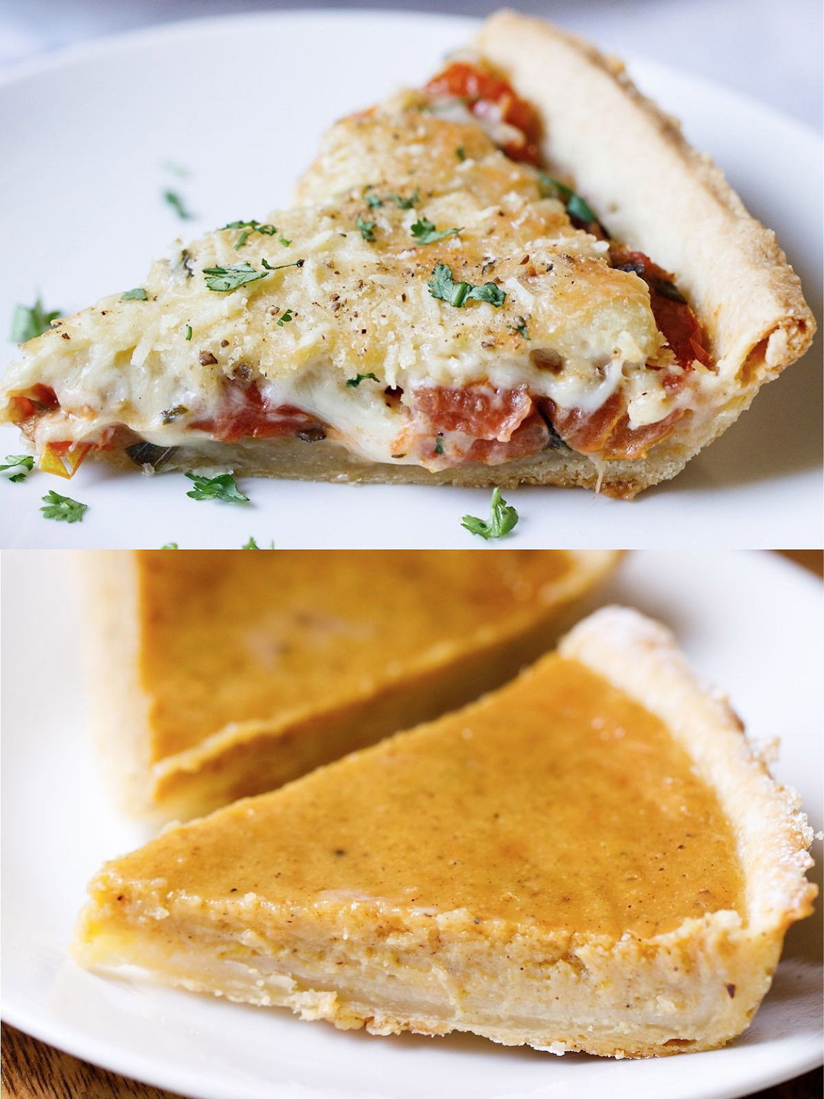 all butter flaky pie crust recipe in two separate applications - the top photograph is a slice of a savory tomato and cheese pie, while the bottom is a picture of several slices of a sweet pumpkin pie