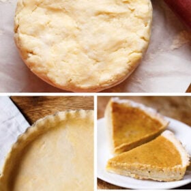 Collage of an pie dough, fluted pie crust in a pie pan and pumpkin pie slice